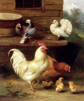 埃德加 亨特 A Cockerel Hen And Chicks With Pigeons
